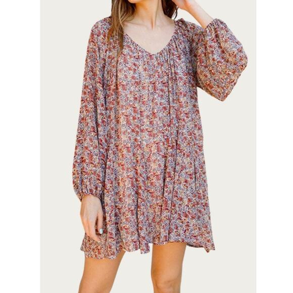 Storia Women's Georgette Boho Ditsy Floral Mini Dress Medium Brown Taupe - Picture 1 of 15